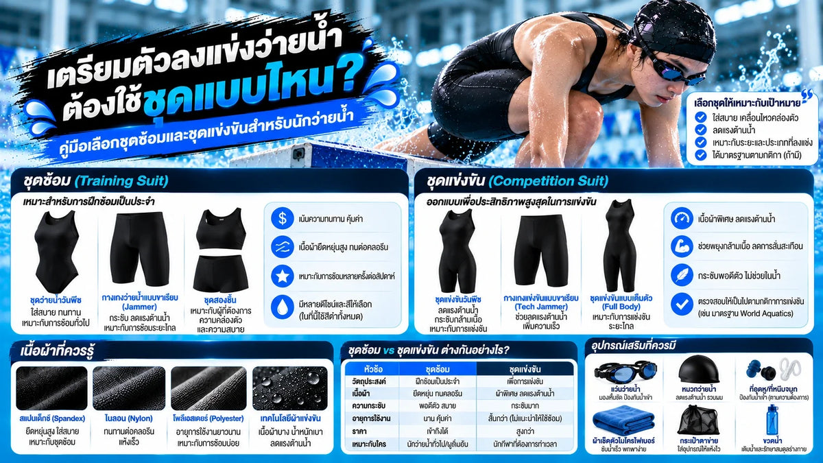 เตรียมตัวลงแข่งว่ายน้ำต้องใช้ชุดแบบไหน? คู่มือเลือกชุดซ้อมและชุดแข่งขันสำหรับนักว่ายน้ำ